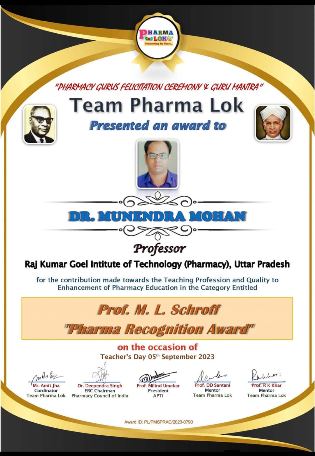 Pharma recognition award by Pharmalok on 5th sept 2023